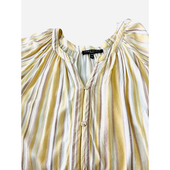 COMO BLACK WOMEN LONG SLV BUTTON V-NECK BLOUSE, WOMANS, 3X, YELLOW TAN STRIPES - Picture 2 of 11
